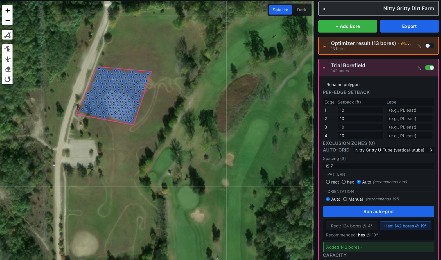 Rₒ-κ Borefield Designer — bores auto-gridded on live satellite imagery of the site